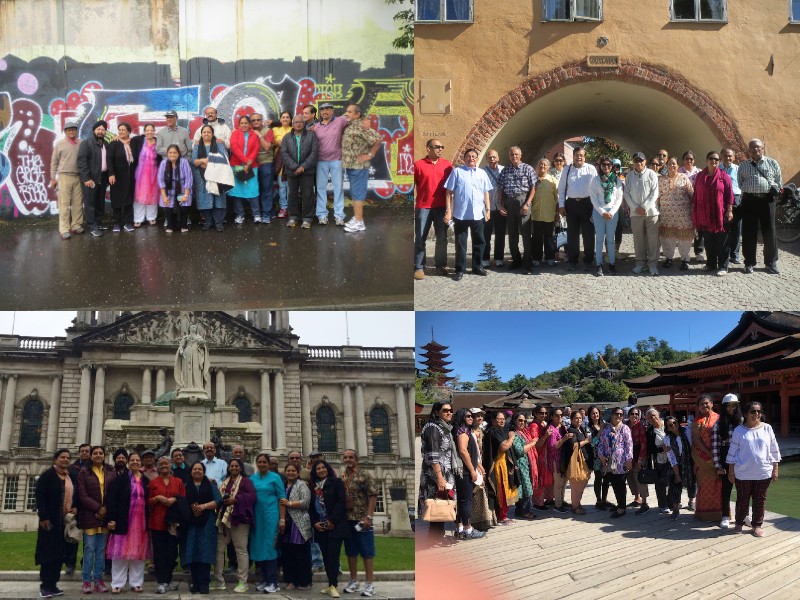Groups of people standing together and posing for picture